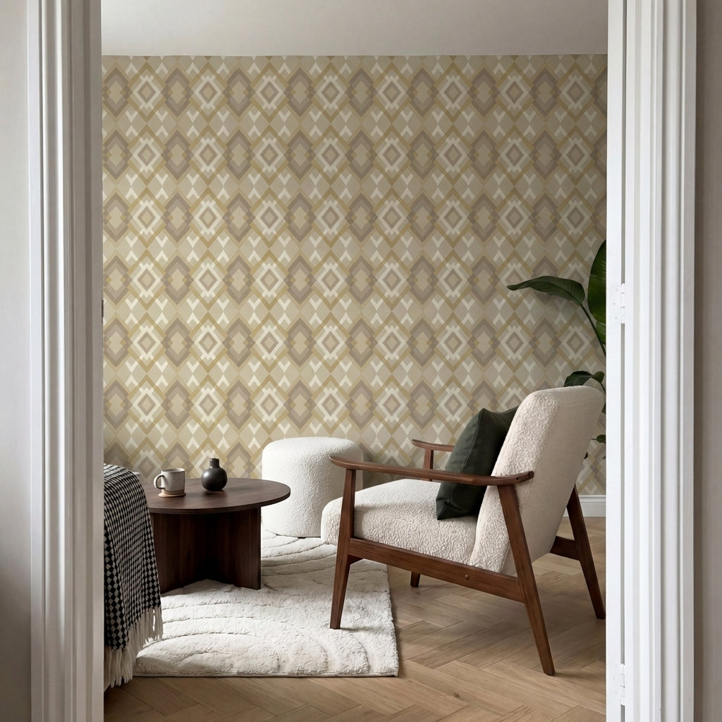 papier peint geometrique losanges entrelaces et motifs azteques beige taupe et b-VARIANTE-4