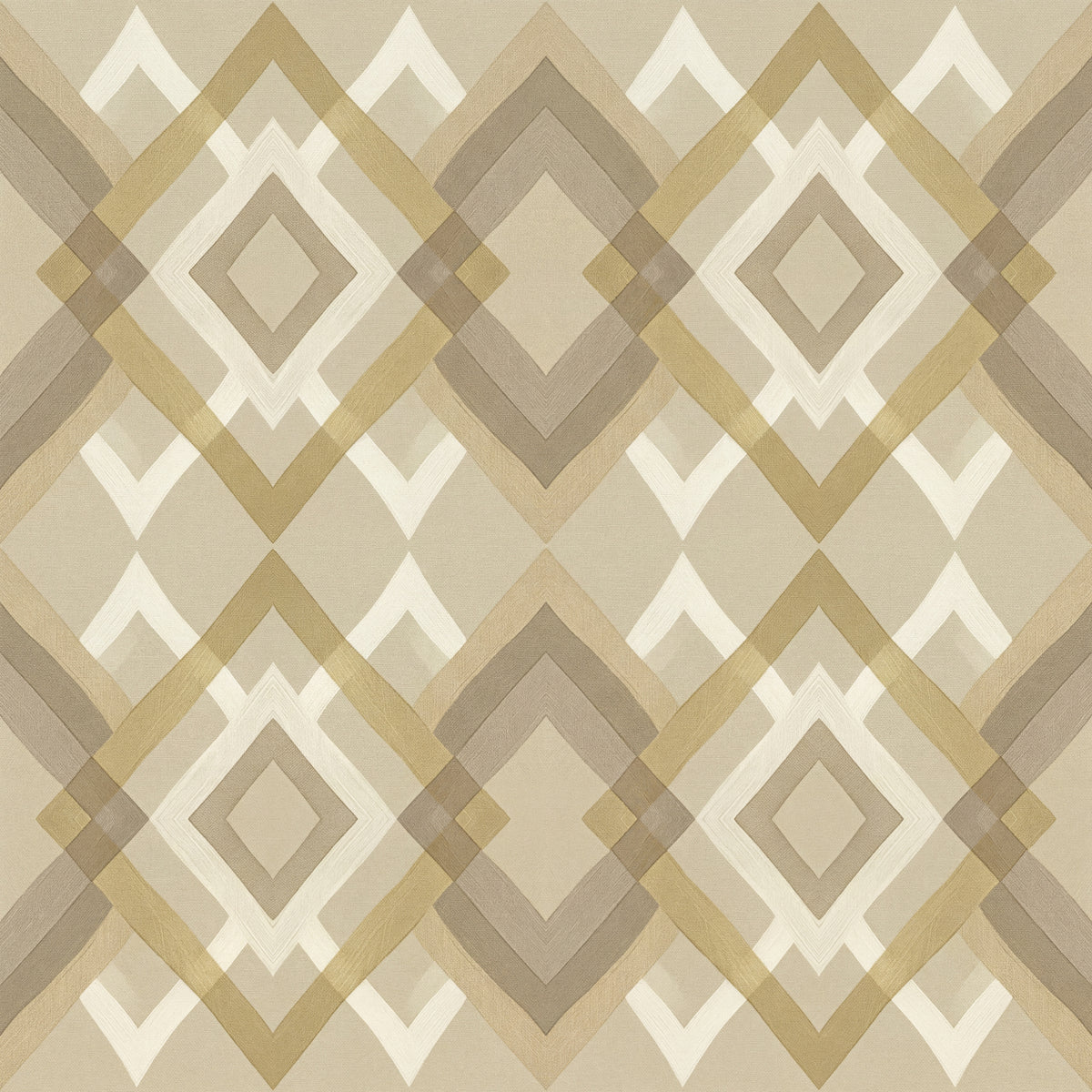 Papier peint motif géométrique - Losanges entrelacés et motifs aztèques beige taupe et blanc - Design