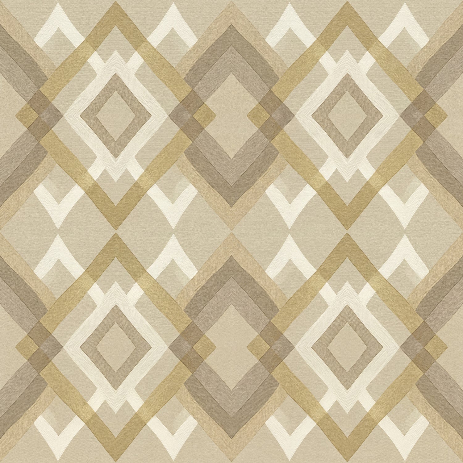 Papier peint motif géométrique - Losanges entrelacés et motifs aztèques beige taupe et blanc - Design