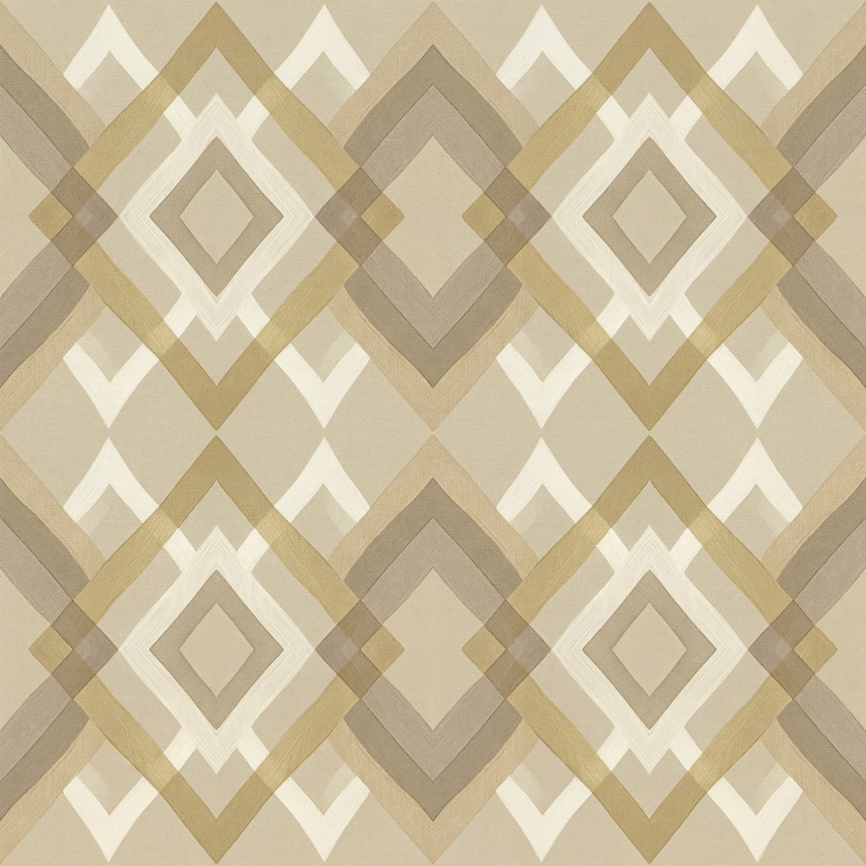 Papier peint motif géométrique - Losanges entrelacés et motifs aztèques beige taupe et blanc - Design
