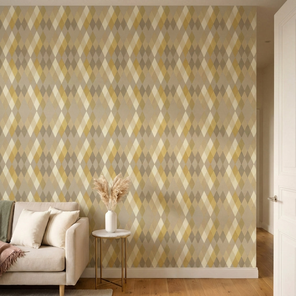 papier peint geometrique losanges et diamants beige ocre et blanc casse panorami-HERO-1