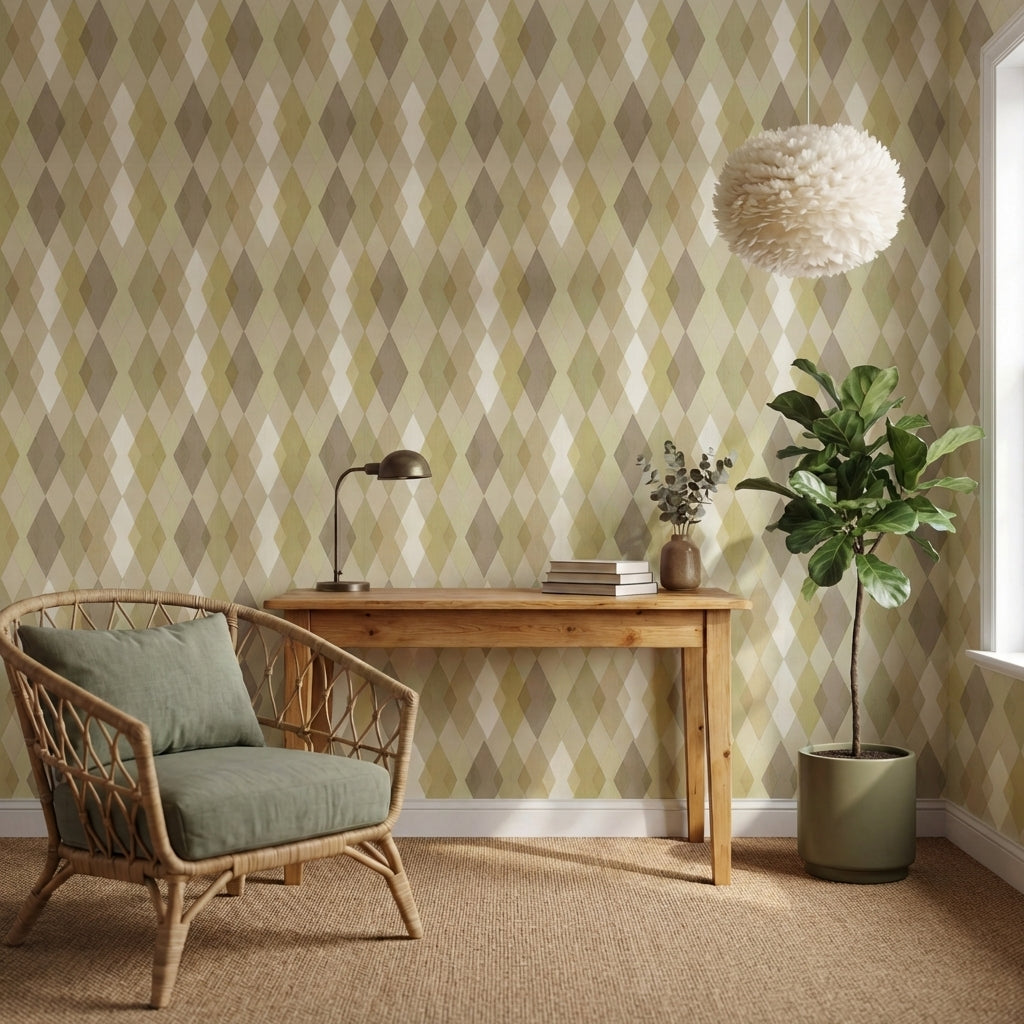 papier peint geometrique losanges et formes diamant beige taupe et vert sauge pa-VARIANTE-2