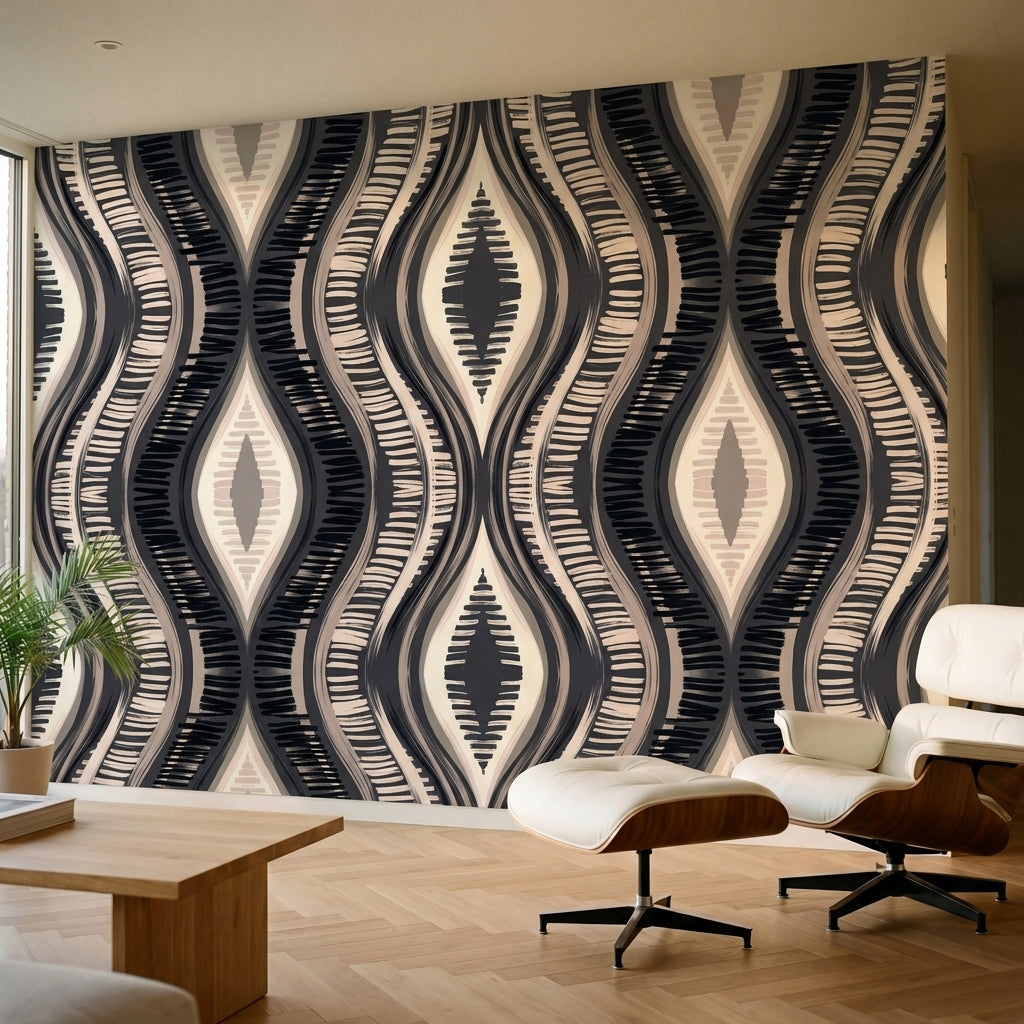 papier peint geometrique motifs ondules diamants rayures chevrons tons noir beig-1