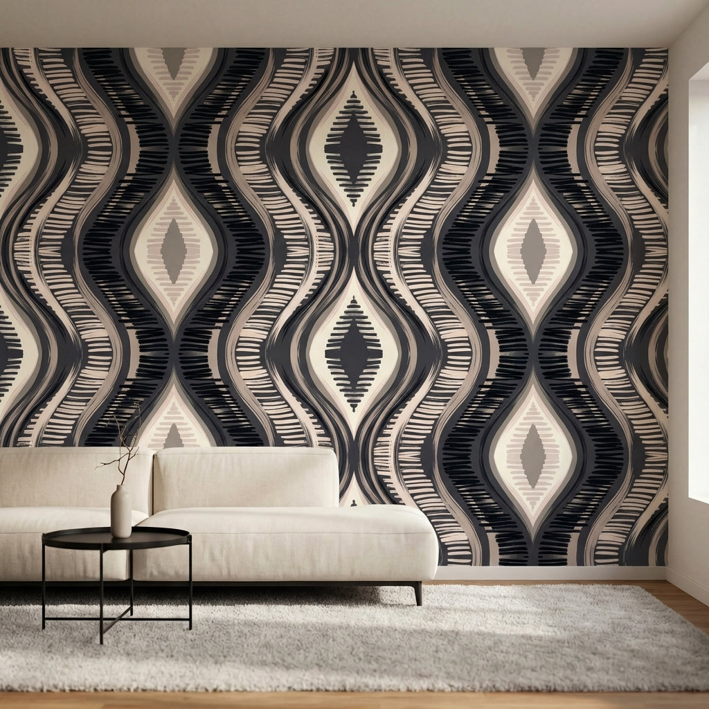 papier peint geometrique motifs ondules diamants rayures chevrons tons noir beig-3