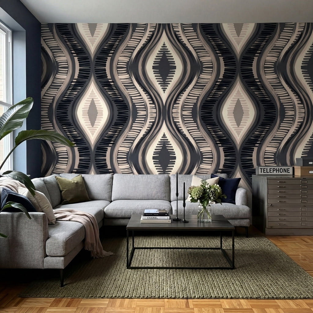 papier peint geometrique motifs ondules diamants rayures chevrons tons noir beig-6