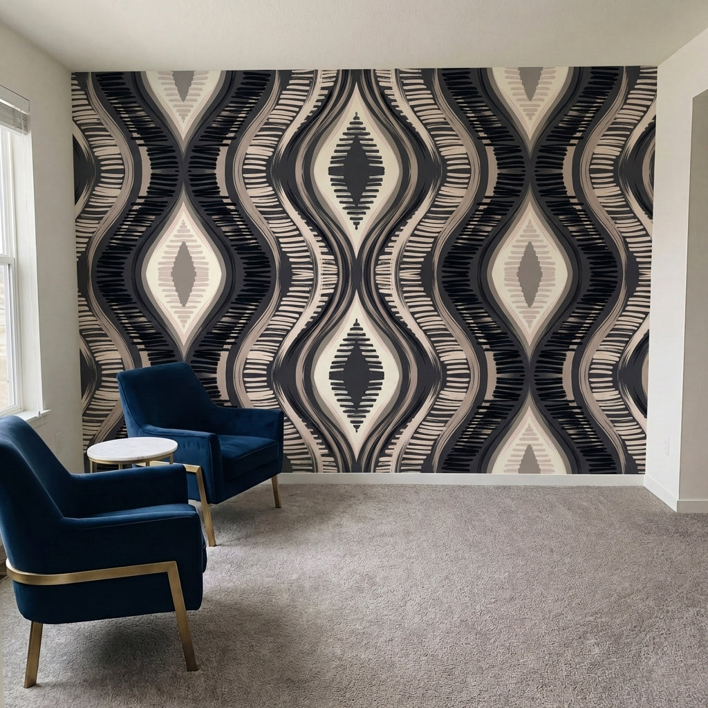 papier peint geometrique motifs ondules diamants rayures chevrons tons noir beig-9