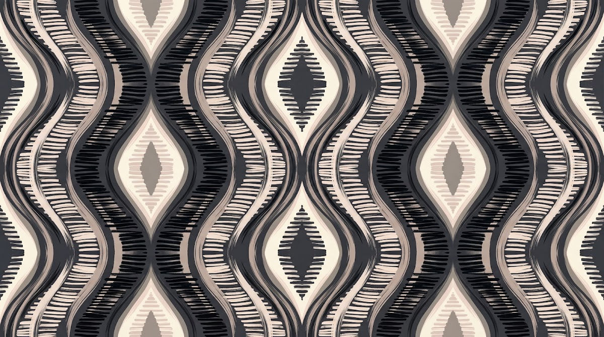 Papier peint panoramique geometrique - Motifs ondulés diamants rayures chevrons tons noir beige et gris taupe sur mesure - Design