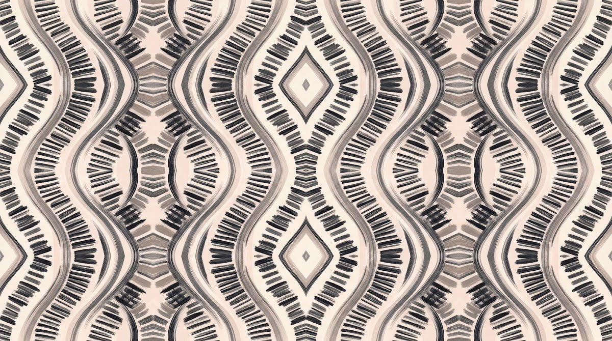 Papier peint panoramique geometrique - Motifs ondulés losanges rayures chevrons tons beige crème et noir graphique sur mesure - Design
