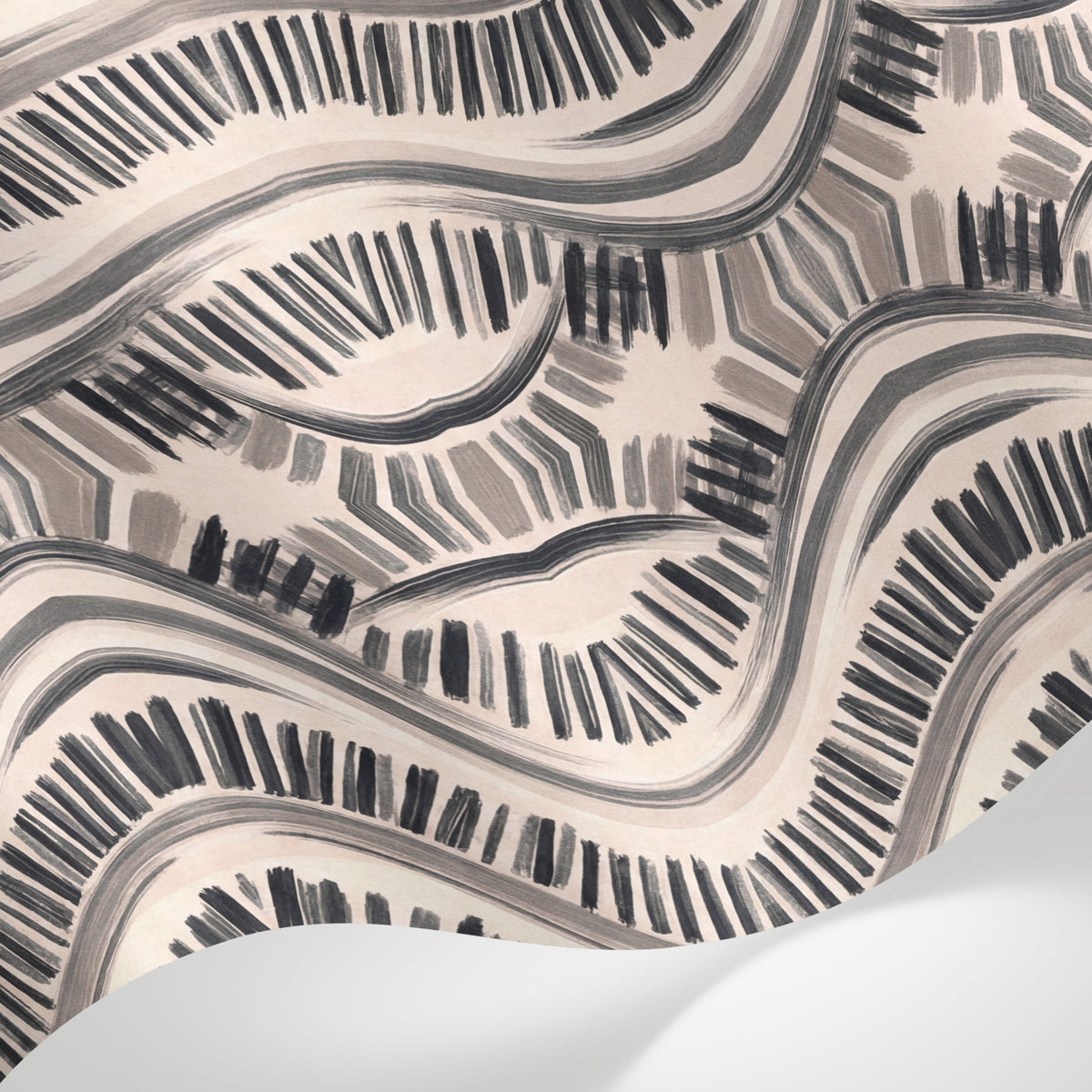 Papier peint panoramique geometrique - Motifs ondulés losanges rayures chevrons tons beige crème et noir graphique sur mesure - Matière