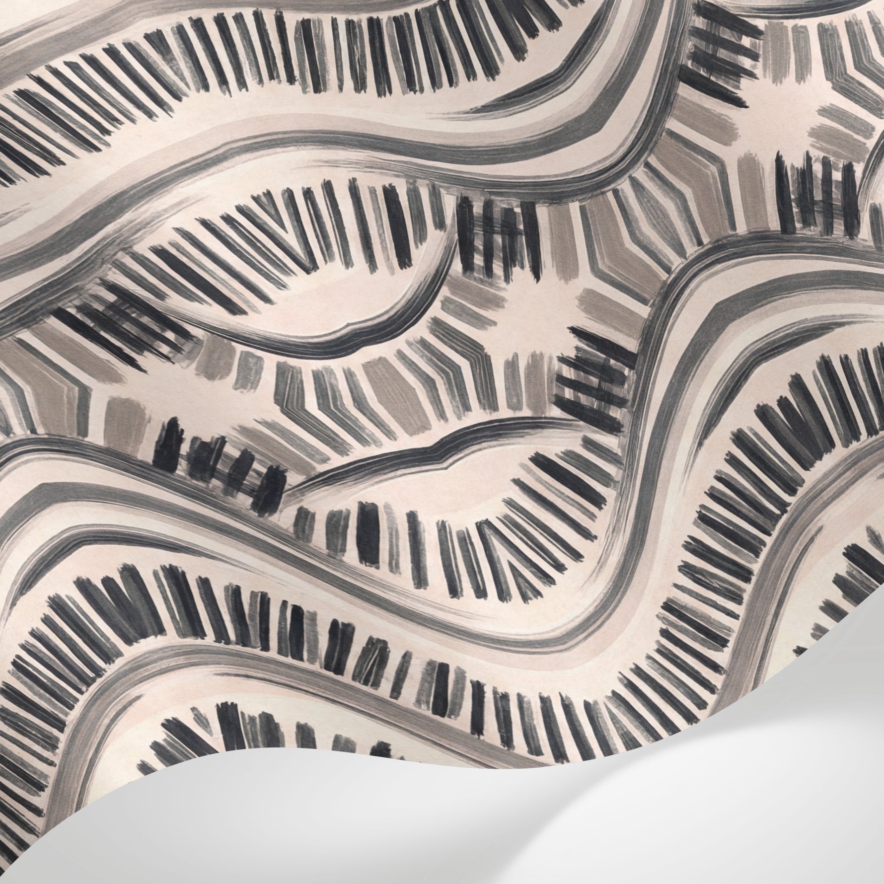 Papier peint panoramique geometrique - Motifs ondulés losanges rayures chevrons tons beige crème et noir graphique sur mesure - Matière