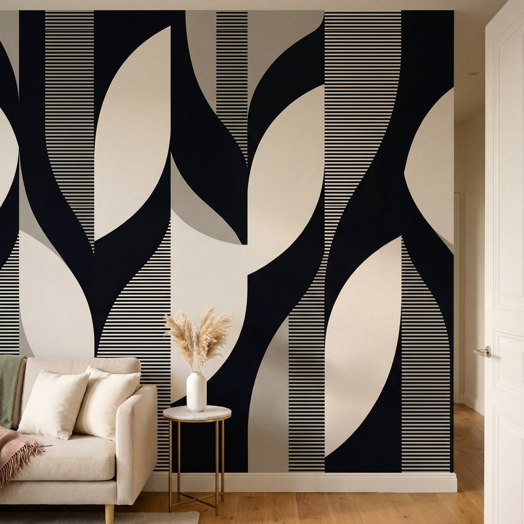 papier peint geometrique noir arcs entrelaces rayures fines fond beige creme et -4