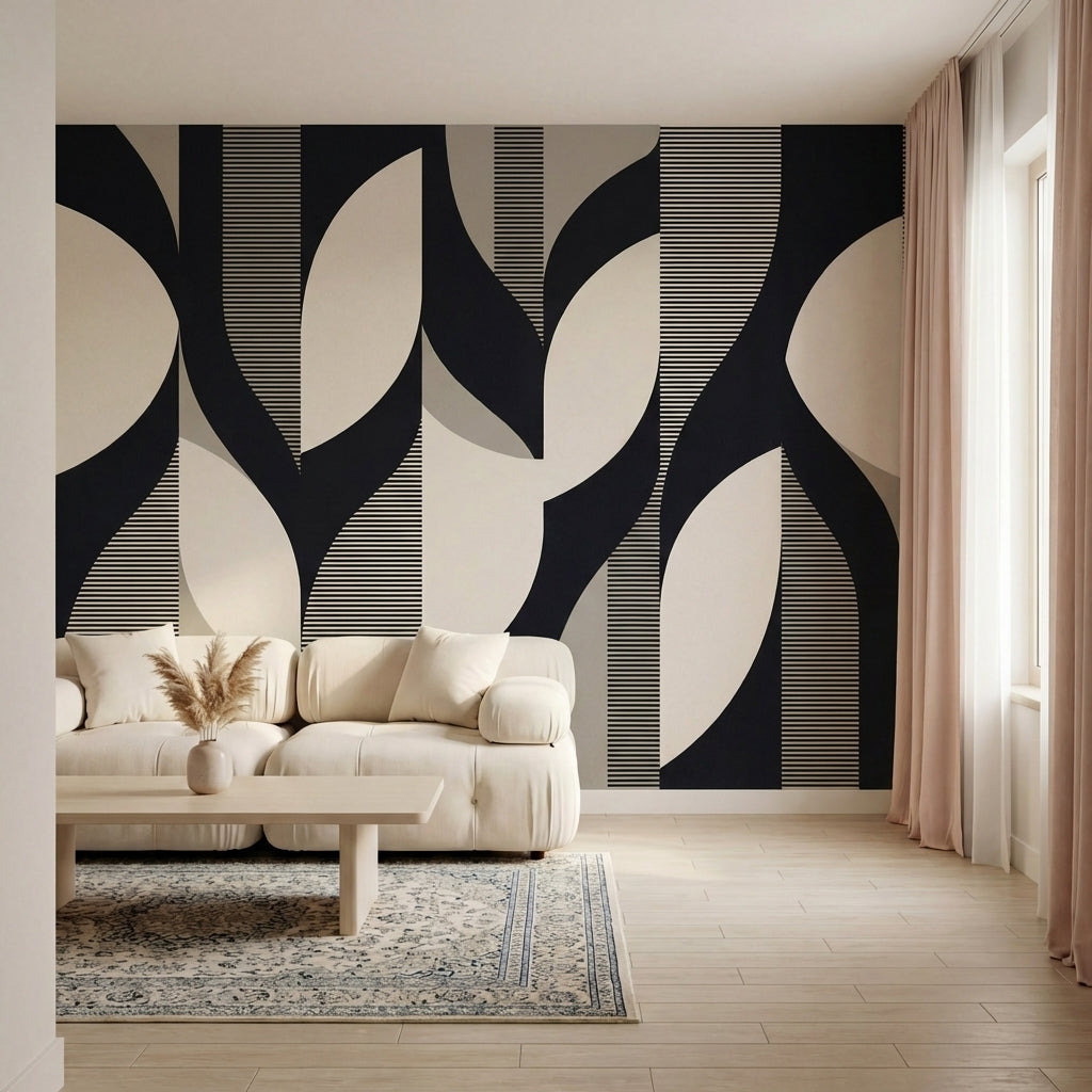 papier peint geometrique noir arcs entrelaces rayures fines fond beige creme et -7