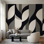 papier peint geometrique noir arcs entrelaces rayures fines fond beige creme et -8