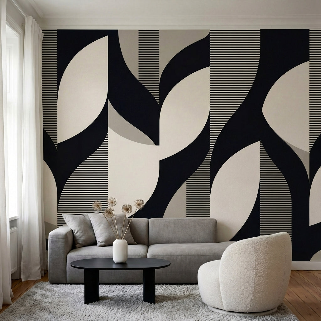 papier peint geometrique noir arcs entrelaces rayures fines fond beige creme et -8