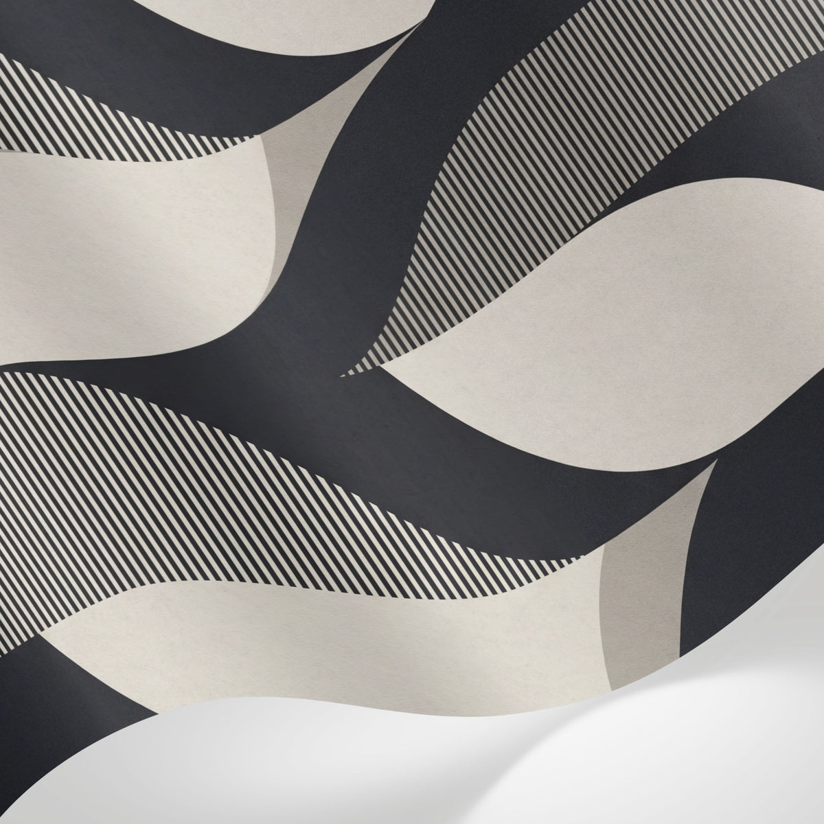 Papier peint panoramique géométrique noir - Arcs entrelacés rayures fines fond beige crème et noir charbon sur mesure - Matière