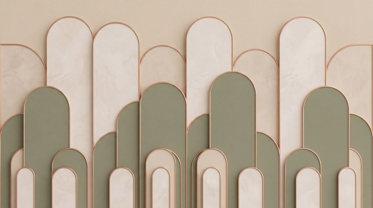 Papier peint panoramique geometrique or - Arches arrondies répétitives entrelacées fond beige rosé et accents cuivrés sur mesure - Design