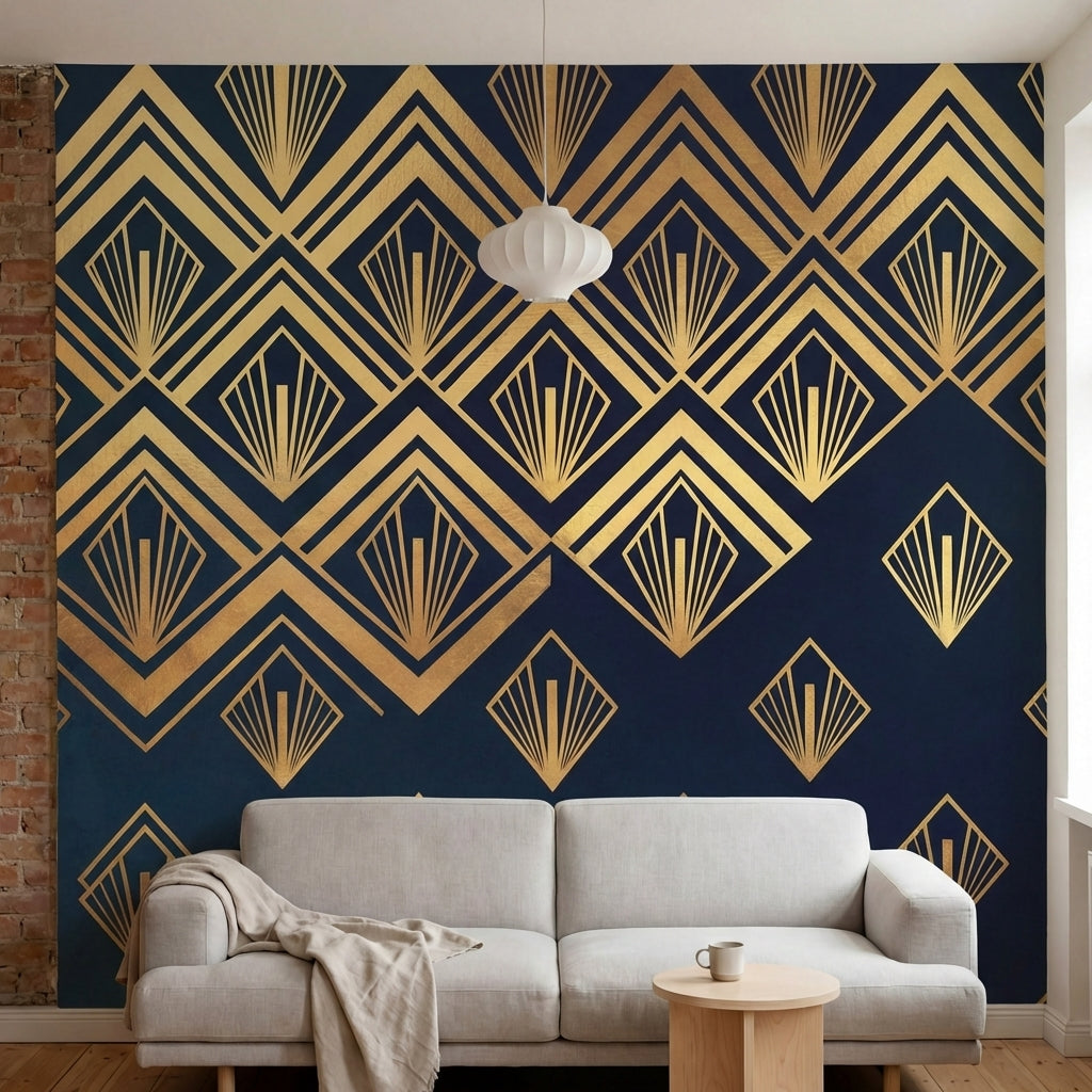 papier peint geometrique or eventails art deco repetitifs rayonnants fond bleu n-4