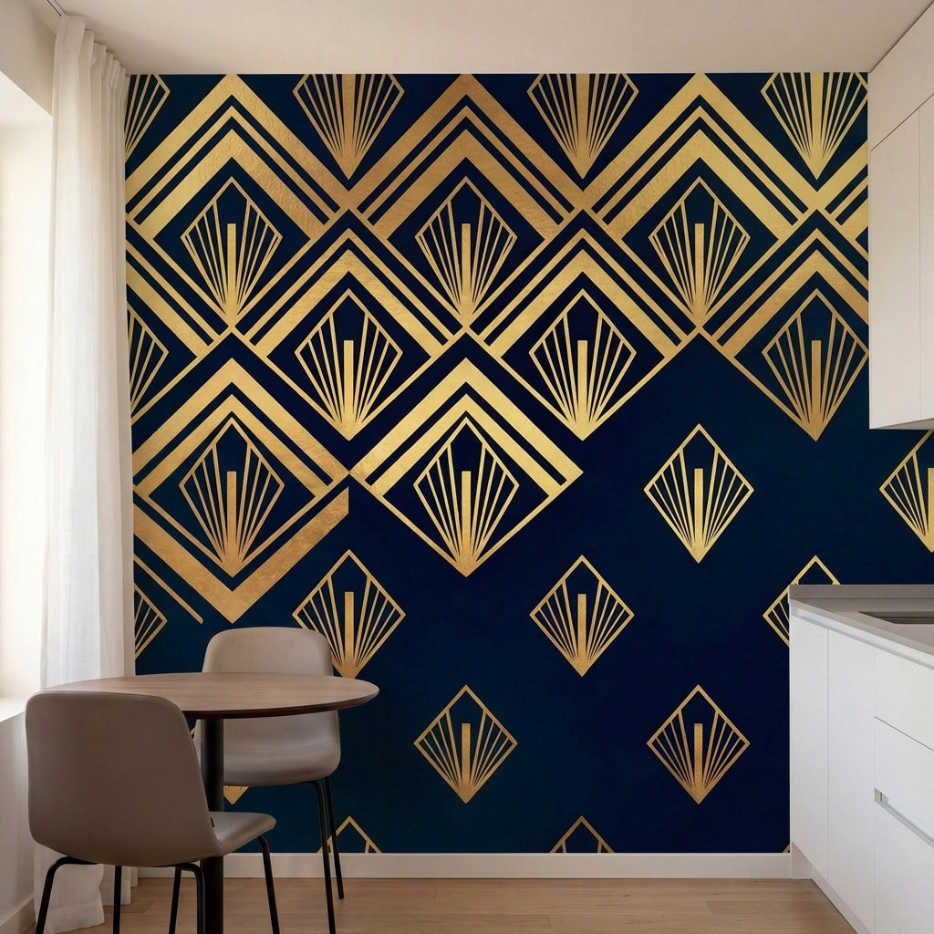 papier peint geometrique or eventails art deco repetitifs rayonnants fond bleu n-5