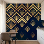 papier peint geometrique or eventails art deco repetitifs rayonnants fond bleu n-5
