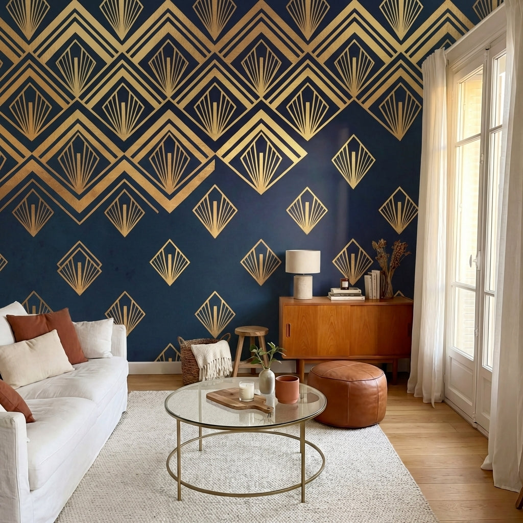 papier peint geometrique or eventails art deco repetitifs rayonnants fond bleu n-VARIANTE-10