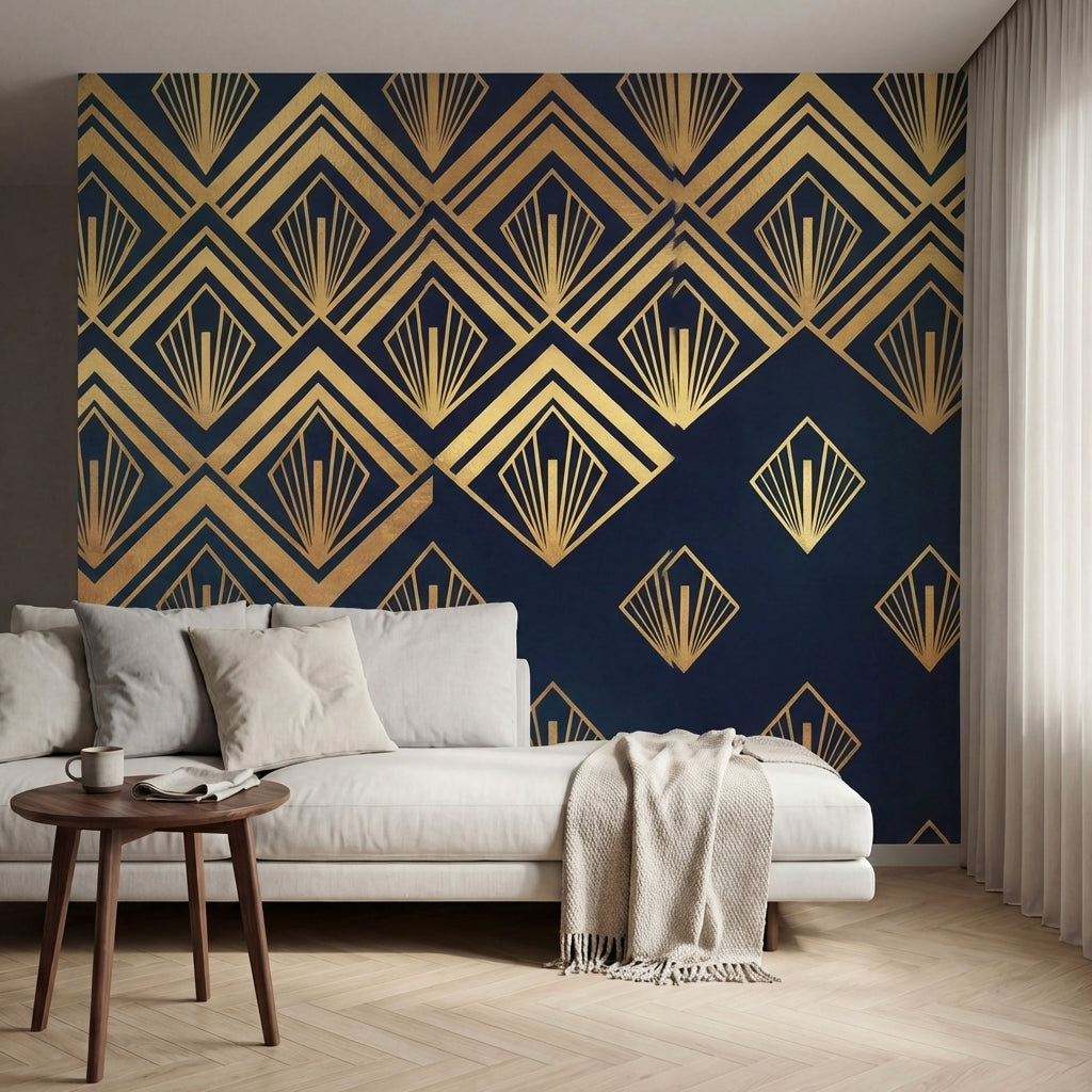 papier peint geometrique or eventails art deco repetitifs rayonnants fond bleu n-VARIANTE-9