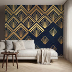 papier peint geometrique or eventails art deco repetitifs rayonnants fond bleu n-VARIANTE-9