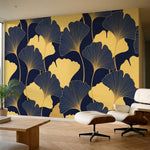 papier peint geometrique or feuilles ginkgo stylisees nervures dorees fond bleu -1