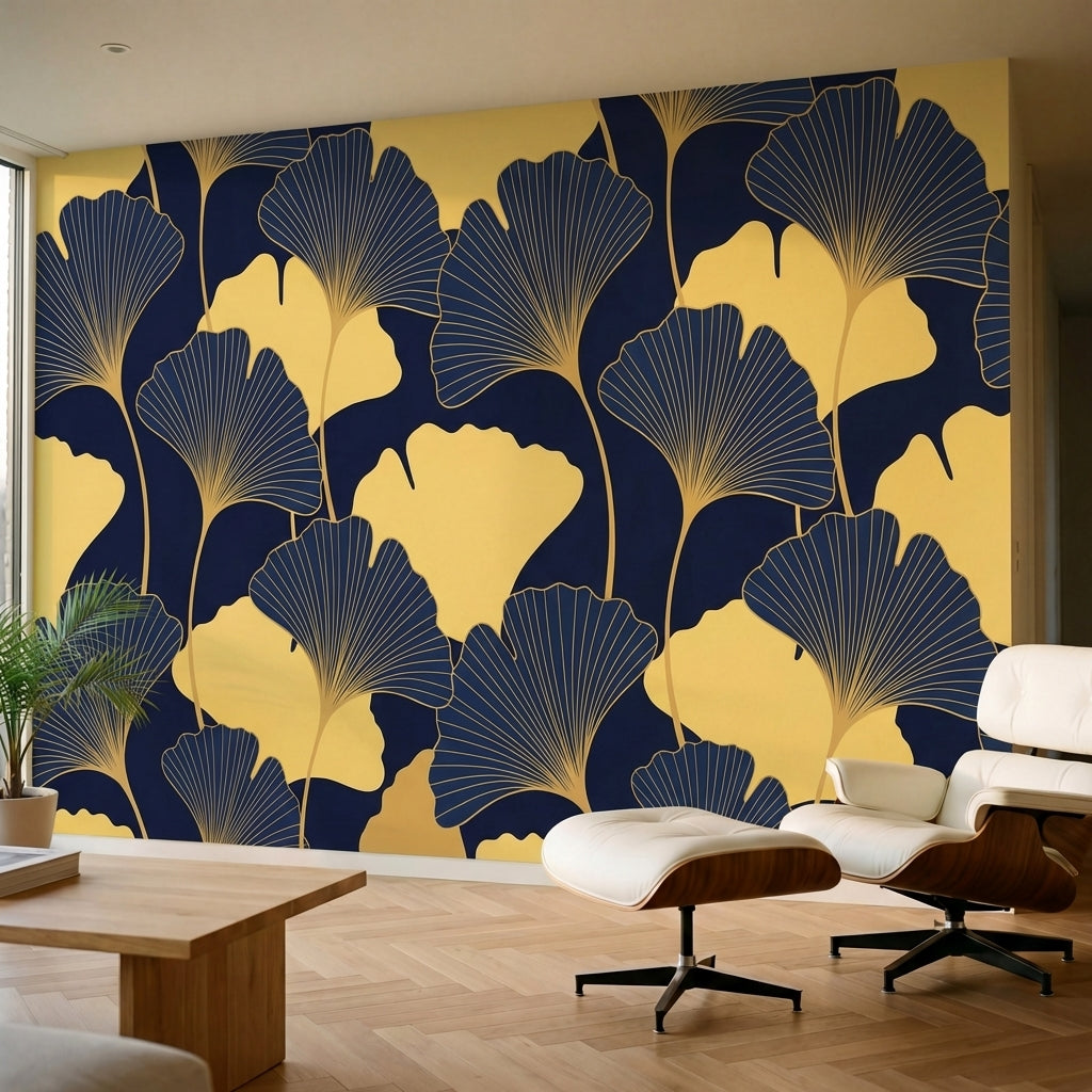 papier peint geometrique or feuilles ginkgo stylisees nervures dorees fond bleu -1