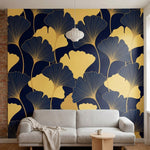 papier peint geometrique or feuilles ginkgo stylisees nervures dorees fond bleu -2