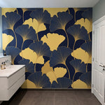 papier peint geometrique or feuilles ginkgo stylisees nervures dorees fond bleu -6