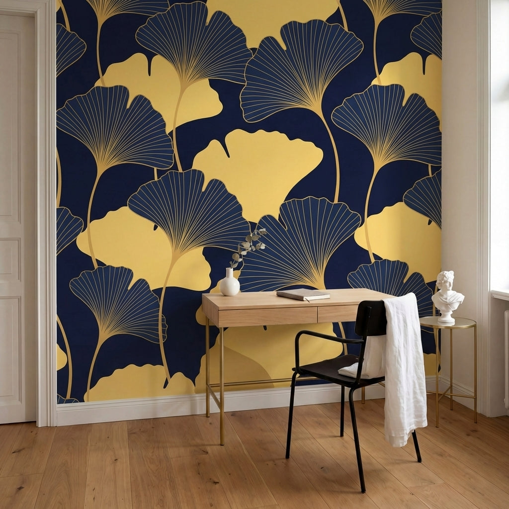 papier peint geometrique or feuilles ginkgo stylisees nervures dorees fond bleu -9