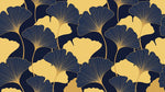 Papier peint panoramique géométrique or - Feuilles ginkgo stylisées nervures dorées fond bleu marine sur mesure - Design