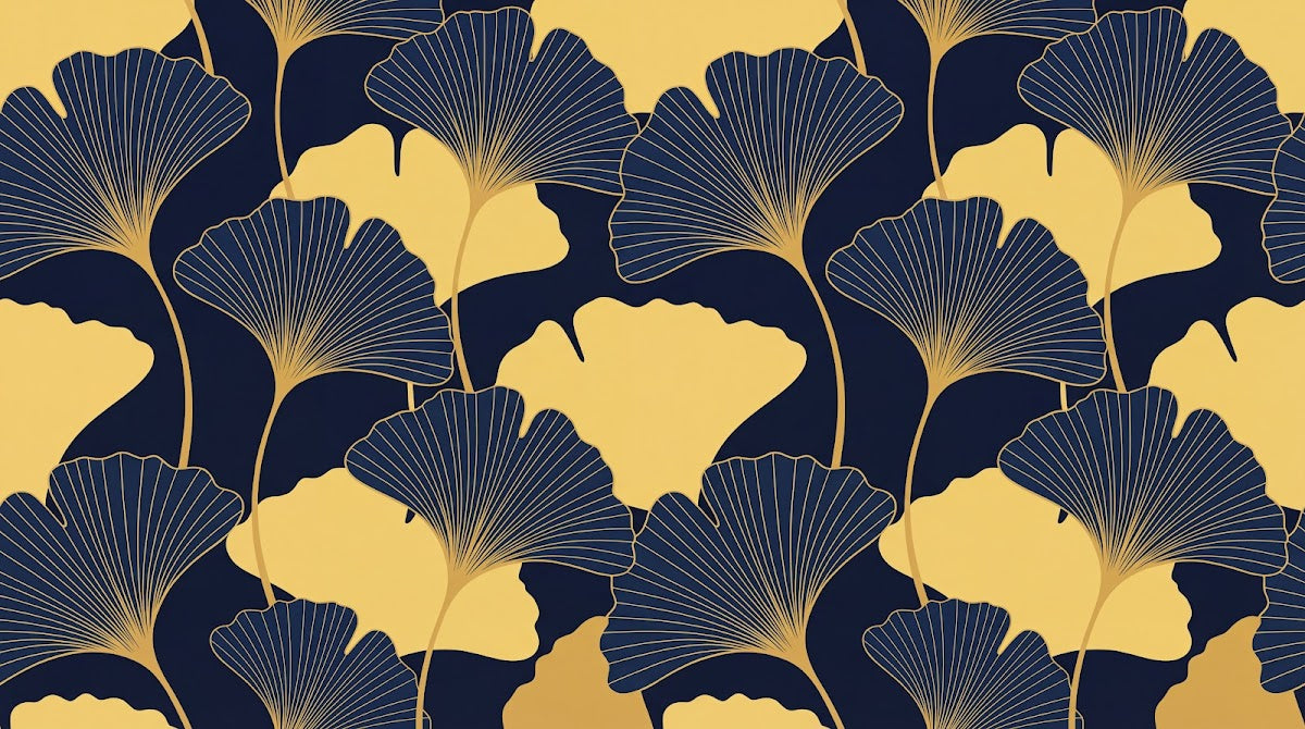 Papier peint panoramique géométrique or - Feuilles ginkgo stylisées nervures dorées fond bleu marine sur mesure - Design