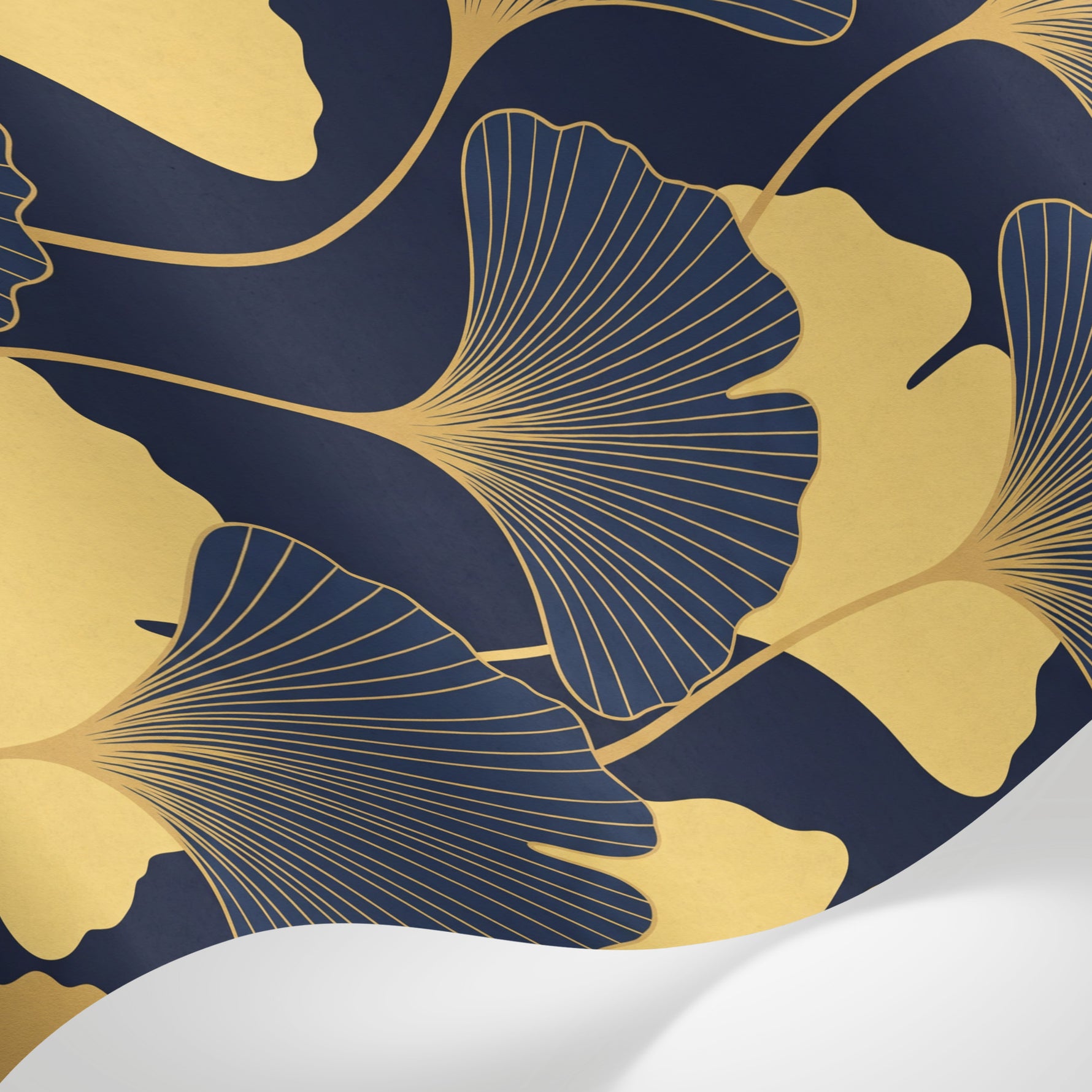 Papier peint panoramique géométrique or - Feuilles ginkgo stylisées nervures dorées fond bleu marine sur mesure - Matière