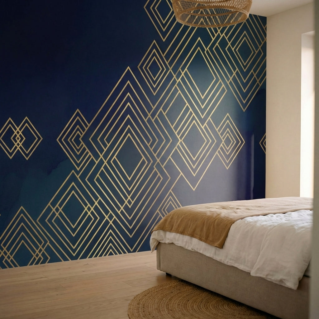 papier peint geometrique or losanges entrelaces lignes fines fond bleu nuit et a-HERO-7