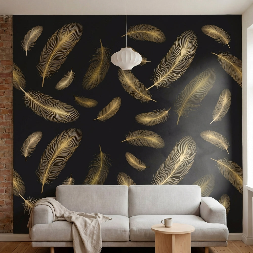 papier peint geometrique or plumes stylisees superposees motifs lineaires tons d-1