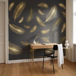 papier peint geometrique or plumes stylisees superposees motifs lineaires tons d-9