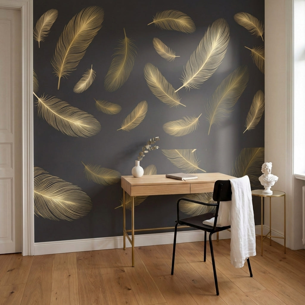 papier peint geometrique or plumes stylisees superposees motifs lineaires tons d-9