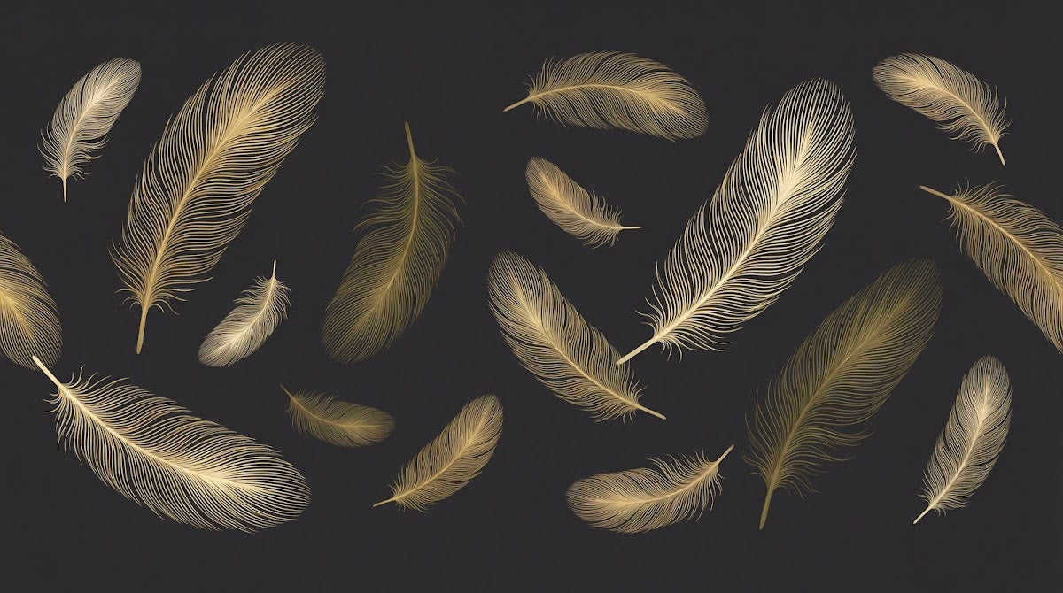 Papier peint panoramique geometrique or - Plumes stylisées superposées motifs linéaires tons doré beige fond anthracite sur mesure - Design