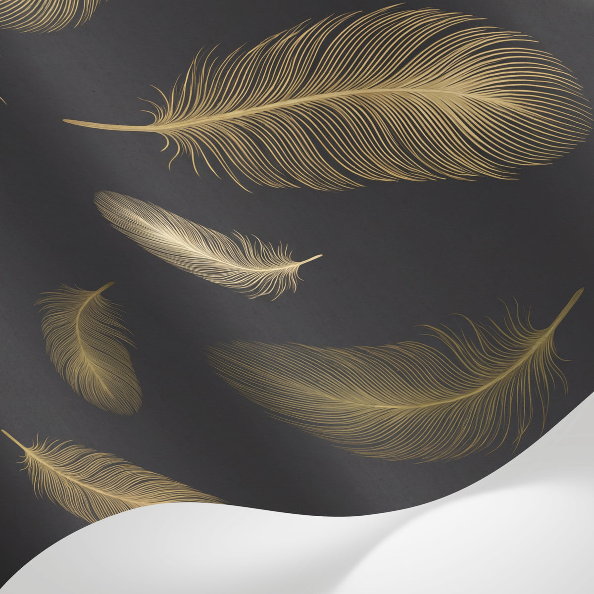 Papier peint panoramique geometrique or - Plumes stylisées superposées motifs linéaires tons doré beige fond anthracite sur mesure - Matière