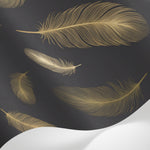 Papier peint panoramique geometrique or - Plumes stylisées superposées motifs linéaires tons doré beige fond anthracite sur mesure - Matière