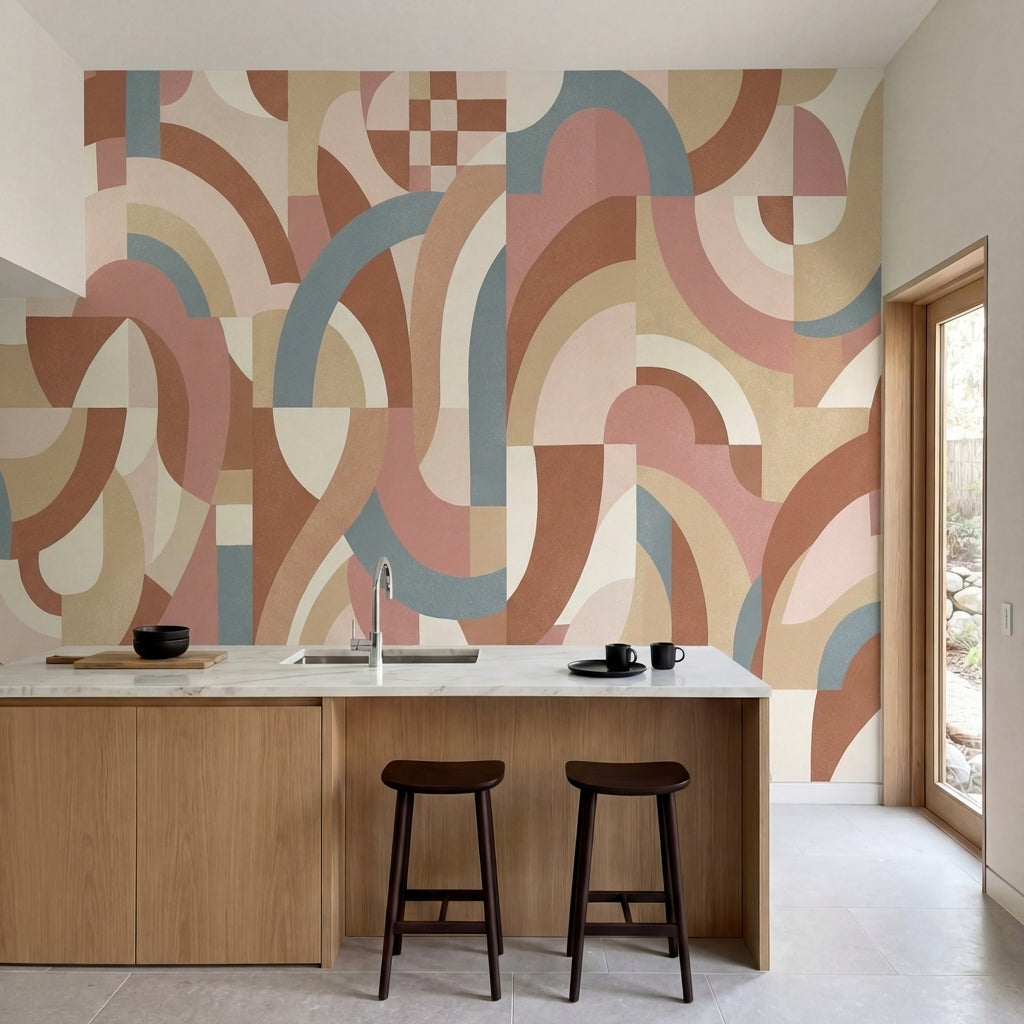 papier peint geometrique rose gold formes arrondies abstraites rose poudre beige-2
