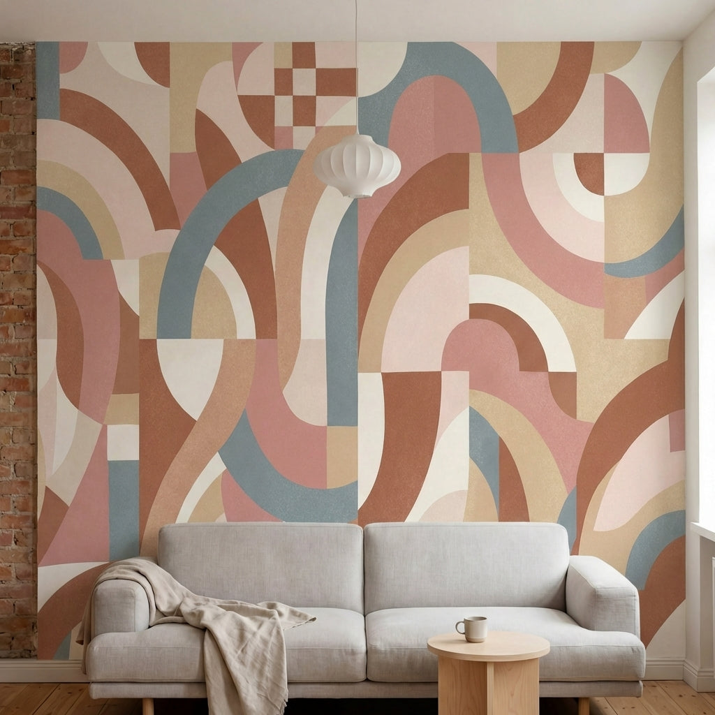 papier peint geometrique rose gold formes arrondies abstraites rose poudre beige-4