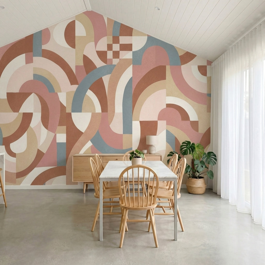 papier peint geometrique rose gold formes arrondies abstraites rose poudre beige-7