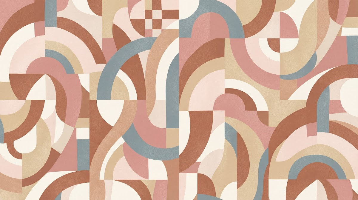 Papier peint panoramique abstrait - Formes arrondies abstraites rose poudré beige et bleu gris sur mesure - Design