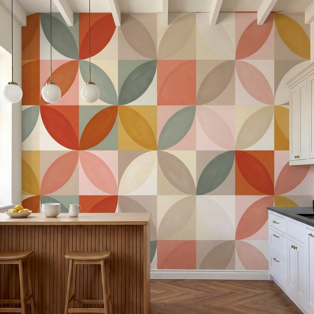 papier peint geometrique rose poudre formes ovales superposees tons corail orang-2