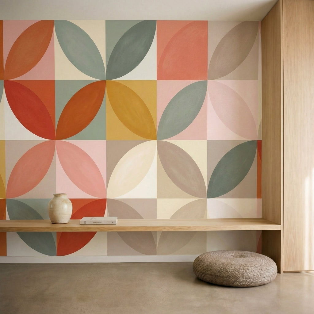 papier peint geometrique rose poudre formes ovales superposees tons corail orang-5