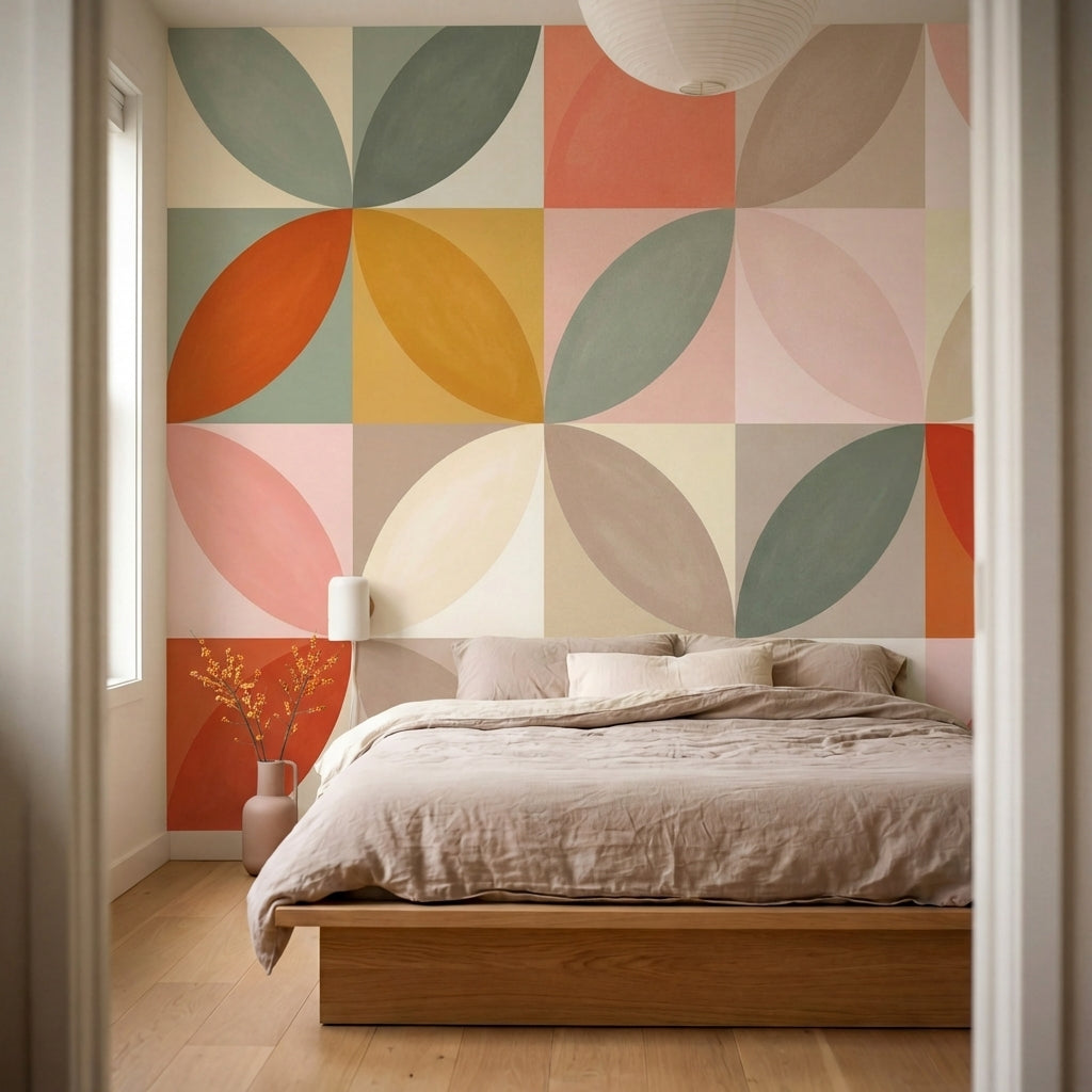 papier peint geometrique rose poudre formes ovales superposees tons corail orang-7