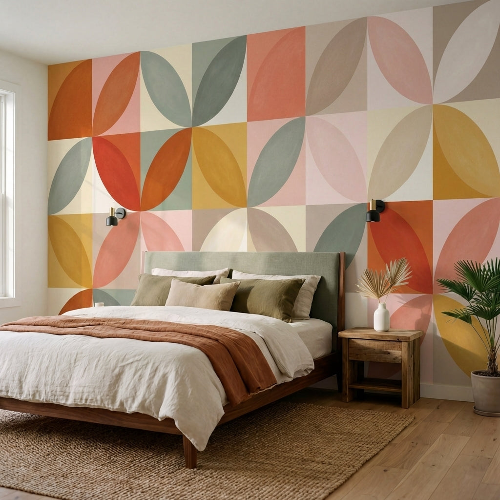 papier peint geometrique rose poudre formes ovales superposees tons corail orang-9