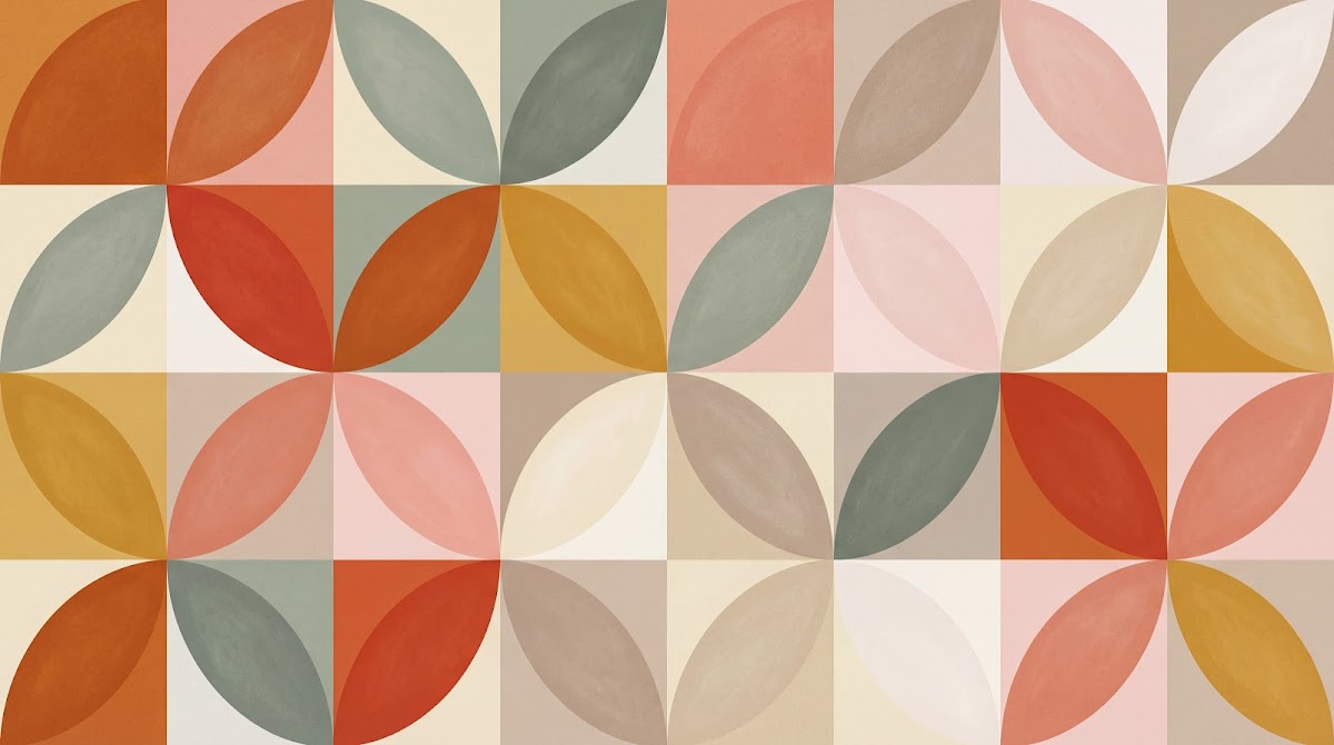Papier peint panoramique géométrique - Formes ovales superposées tons corail orange vert sauge et beige crème sur mesure - Design